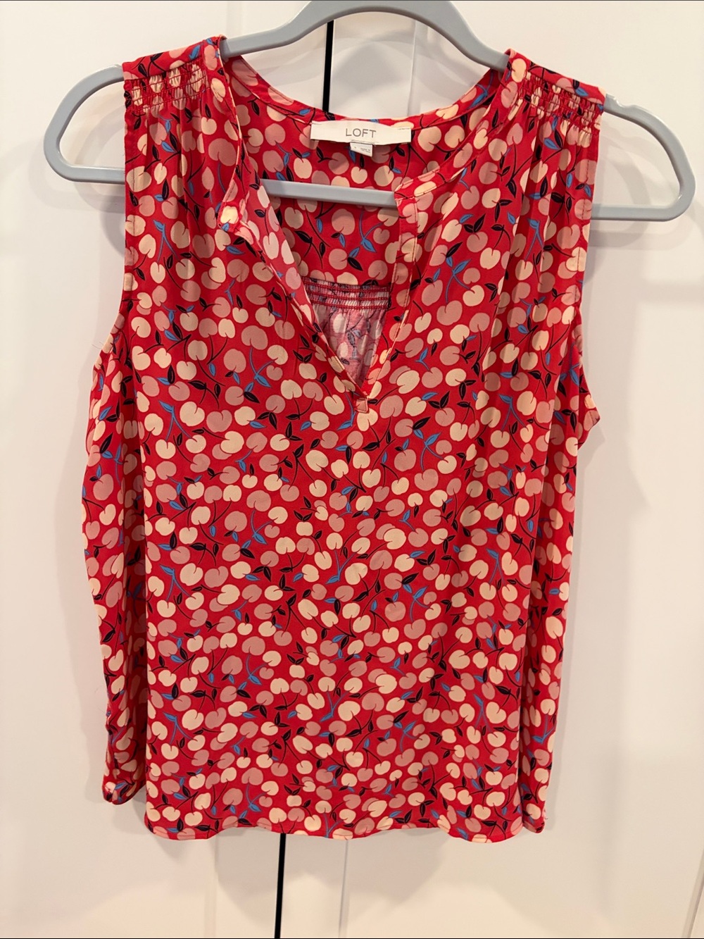 LOFT Red Cherry-Print Sleeveless Split-Neck Top